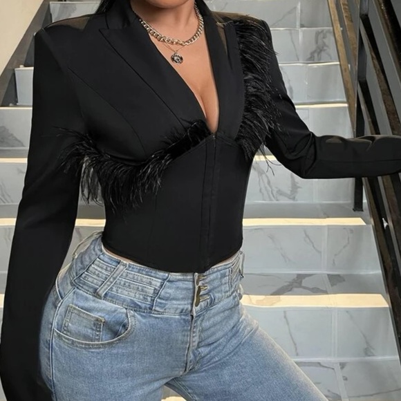 Feather-Trim Cropped Blazer - Picture 2 of 5